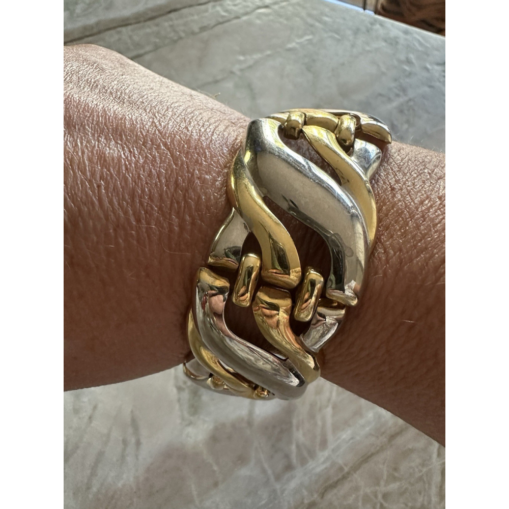 Vintage 2-Tone 8” Bracelet Silver& GoldTone 2” Panel Links Chunk Wave Fold Clasp